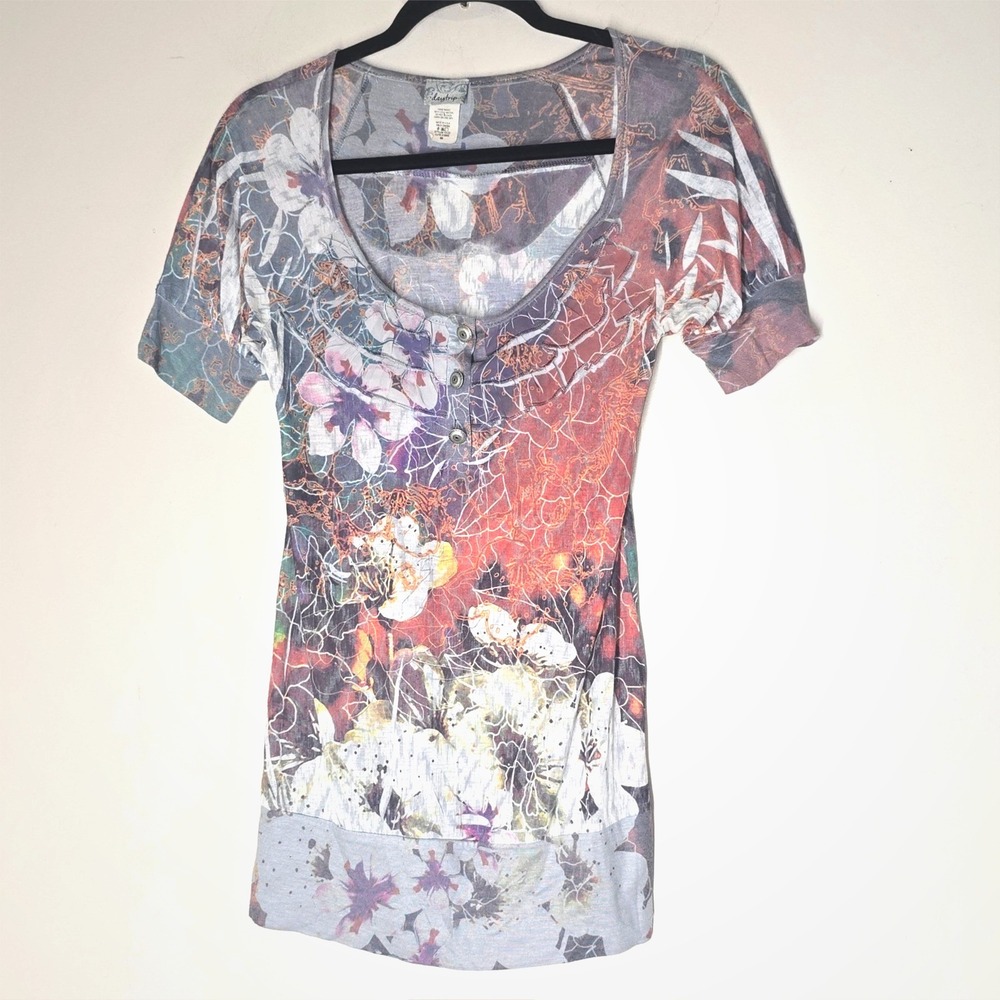 Vintage Womens Y2K‎ Grunge Floral Daytrip Top Ruffle Button Front Puff Sleeve M